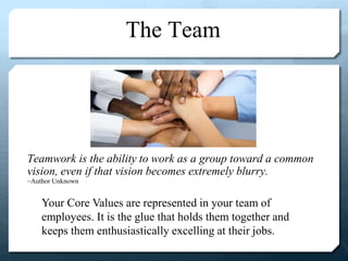 The Team
Teamwork is the ability to work as a group toward a common
vision, even if that vision becomes extremely blurry.
~Author Unknown
Your Core Values are represented in your team of
employees. It is the glue that holds them together and
keeps them enthusiastically excelling at their jobs.
 