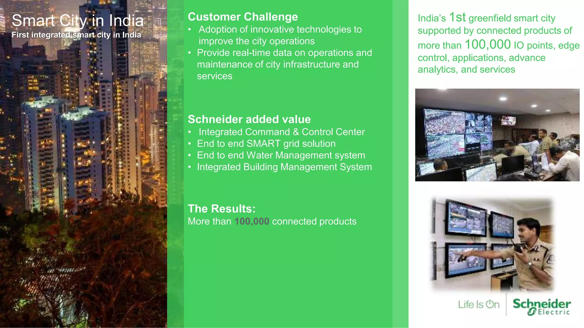 Customer Challenge
• Adoption of innovative technologies to
improve the city operations
• Provide real-time data on operations and
maintenance of city infrastructure and
services
Schneider added value
• Integrated Command & Control Center
• End to end SMART grid solution
• End to end Water Management system
• Integrated Building Management System
The Results:
More than 100,000 connected products
India’s 1st greenfield smart city
supported by connected products of
more than 100,000 IO points, edge
control, applications, advance
analytics, and services
Smart City in India
First integrated smart city in India
 