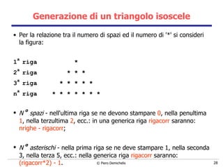 Generazione di un triangolo isoscele Per la relazione tra il numero di spazi ed il numero di '*' si consideri la figura: 1 a  riga  * 2 a  riga  * * * 3 a  riga  * * * * * n a  riga  * * * * * * * N  o  spazi  - nell'ultima riga se ne devono stampare  0 , nella penultima  1 , nella terzultima  2 , ecc.: in una generica riga  rigacorr  saranno:  nrighe - rigacorr ; N  o  asterischi  - nella prima riga se ne deve stampare 1, nella seconda 3, nella terza 5, ecc.: nella generica riga  rigacorr  saranno:  (rigacorr*2) - 1 . 