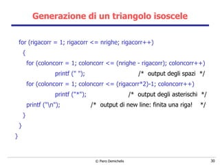 Generazione di un triangolo isoscele for (rigacorr = 1; rigacorr <= nrighe;   rigacorr++) { for (coloncorr = 1;   coloncorr <= (nrighe - rigacorr); coloncorr++) printf (" ");  /*  output degli spazi  */ for (coloncorr = 1;   coloncorr <= (rigacorr*2)-1;   coloncorr++) printf ("*");  /*  output degli asterischi  */ printf ("\n");  /*  output di new line: finita una riga!  */ } } } 