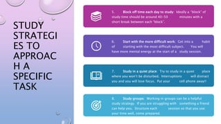 STUDY
STRATEGI
ES TO
APPROAC
H A
SPECIFIC
TASK
5. Block off time each day to study: Ideally a “block” of
study time should be around 40-50 minutes with a
short break between each “block”.
6. Start with the more difficult work: Get into a habit
of starting with the most difficult subject. You will
have more mental energy at the start of a study session.
7. Study in a quiet place: Try to study in a quiet place
where you won’t be disturbed. Interruptions will distract
you and you will lose focus. Put your cell phone away!!
8. Study groups: Working in groups can be a helpful
study strategy. If you are struggling with something a friend
can help you. Structure each session so that you use
your time well, come prepared.
 