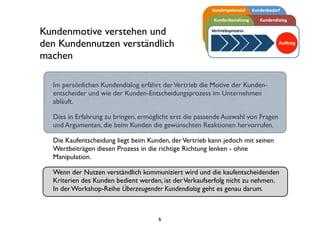 Kundenmotive verstehen und
den Kundennutzen verständlich
machen
Im persönlichen Kundendialog erfährt derVertrieb die Motive der Kunden-
entscheider und wie der Kunden-Entscheidungsprozess im Unternehmen
abläuft.
Dies in Erfahrung zu bringen, ermöglicht erst die passende Auswahl von Fragen
und Argumenten, die beim Kunden die gewünschten Reaktionen hervorrufen.
Die Kaufentscheidung liegt beim Kunden, derVertrieb kann jedoch mit seinen
Wertbeiträgen diesen Prozess in die richtige Richtung lenken - ohne
Manipulation.
Wenn der Nutzen verständlich kommuniziert wird und die kaufentscheidenden
Kriterien des Kunden bedient werden, ist derVerkaufserfolg nicht zu nehmen.
In der Workshop-Reihe Überzeugender Kundendialog geht es genau darum.
6
 