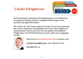 5 Stufen Erfolgsformel
Die Entwicklung von belastbaren Kundenbeziehungen und die Akquisition
ertragsstarker Aufträge erfordern sorgfältigeVorbereitungen und ein
gemeinsam getragenesVerständnis.
Mit welchem der fünf Themen sollten Sie starten? Um dies herauszuﬁnden,
gibt es einen kostenfreien Vertriebsperformance-Check, dessen Ergebnis die
auszuwählenden Themen priorisiert.Was den größten wirtschaftlichen
Erfolgstreiber in der Marktbearbeitung ausmacht, sollte zuerst angegangen
werden.
Rufen Sie den Vertriebsperformance-Check kostenfrei unter
michael.wentzke@lintea.de oder telefonisch unter
040 60847746 ab.
9
 