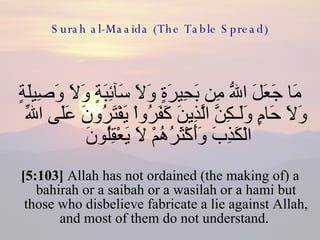 Surah al-Maaida (The Table Spread) مَا جَعَلَ اللّهُ مِن بَحِيرَةٍ وَلاَ سَآئِبَةٍ وَلاَ وَصِيلَةٍ وَلاَ حَامٍ وَلَـكِنَّ الَّذِينَ كَفَرُواْ يَفْتَرُونَ عَلَى اللّهِ الْكَذِبَ وَأَكْثَرُهُمْ لاَ يَعْقِلُونَ  [5:103]  Allah has not ordained (the making of) a bahirah or a saibah or a wasilah or a hami but those who disbelieve fabricate a lie against Allah, and most of them do not understand.  