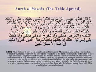 Surah al-Maaida (The Table Spread) إِذْ قَالَ اللّهُ يَا عِيسى ابْنَ مَرْيَمَ اذْكُرْ نِعْمَتِي عَلَيْكَ وَعَلَى وَالِدَتِكَ إِذْ أَيَّدتُّكَ بِرُوحِ الْقُدُسِ تُكَلِّمُ النَّاسَ فِي الْمَهْدِ وَكَهْلاً وَإِذْ عَلَّمْتُكَ الْكِتَابَ وَالْحِكْمَةَ وَالتَّوْرَاةَ وَالإِنجِيلَ وَإِذْ تَخْلُقُ مِنَ الطِّينِ كَهَيْئَةِ الطَّيْرِ بِإِذْنِي فَتَنفُخُ فِيهَا فَتَكُونُ طَيْرًا بِإِذْنِي وَتُبْرِئُ الأَكْمَهَ وَالأَبْرَصَ بِإِذْنِي وَإِذْ تُخْرِجُ الْمَوتَى بِإِذْنِي وَإِذْ كَفَفْتُ بَنِي إِسْرَائِيلَ عَنكَ إِذْ جِئْتَهُمْ بِالْبَيِّنَاتِ فَقَالَ الَّذِينَ كَفَرُواْ مِنْهُمْ إِنْ هَـذَا إِلاَّ سِحْرٌ مُّبِينٌ  [5:110]  When Allah will say: O Isa son of Marium! Remember My favor on you and on your mother, when I strengthened you I with the holy Spirit, you spoke to the people in the cradle and I when of old age, and when I taught you the Book and the wisdom and the Taurat and the Injeel; and when you determined out of clay a thing like the form of a bird by My permission, then you breathed into it and it became a bird by My permission, and you healed the blind and the leprous by My permission; and when you brought forth the dead by My permission; and when I withheld the children of Israel from you when you came to them with clear arguments, but those who disbelieved among them said: This is nothing but clear enchantment.  