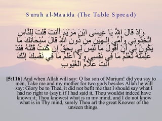 Surah al-Maaida (The Table Spread) وَإِذْ قَالَ اللّهُ يَا عِيسَى ابْنَ مَرْيَمَ أَأَنتَ قُلتَ لِلنَّاسِ اتَّخِذُونِي وَأُمِّيَ إِلَـهَيْنِ مِن دُونِ اللّهِ قَالَ سُبْحَانَكَ مَا يَكُونُ لِي أَنْ أَقُولَ مَا لَيْسَ لِي بِحَقٍّ إِن كُنتُ قُلْتُهُ فَقَدْ عَلِمْتَهُ تَعْلَمُ مَا فِي نَفْسِي وَلاَ أَعْلَمُ مَا فِي نَفْسِكَ إِنَّكَ أَنتَ عَلاَّمُ الْغُيُوبِ  [5:116]  And when Allah will say: O Isa son of Marium! did you say to men, Take me and my mother for two gods besides Allah he will say: Glory be to Thee, it did not befit me that I should say what I had no right to (say); if I had said it, Thou wouldst indeed have known it; Thou knowest what is in my mind, and I do not know what is in Thy mind, surely Thou art the great Knower of the unseen things.  