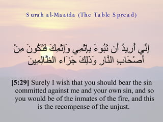 Surah al-Maaida (The Table Spread) إِنِّي أُرِيدُ أَن تَبُوءَ بِإِثْمِي وَإِثْمِكَ فَتَكُونَ مِنْ أَصْحَابِ النَّارِ وَذَلِكَ جَزَاء الظَّالِمِينَ  [5:29]  Surely I wish that you should bear the sin committed against me and your own sin, and so you would be of the inmates of the fire, and this is the recompense of the unjust.  