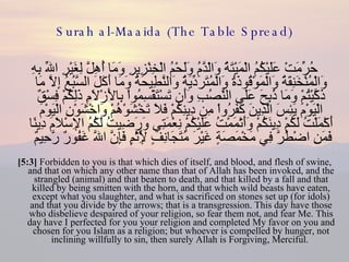 Surah al-Maaida (The Table Spread) حُرِّمَتْ عَلَيْكُمُ الْمَيْتَةُ وَالْدَّمُ وَلَحْمُ الْخِنْزِيرِ وَمَا أُهِلَّ لِغَيْرِ اللّهِ بِهِ وَالْمُنْخَنِقَةُ وَالْمَوْقُوذَةُ وَالْمُتَرَدِّيَةُ وَالنَّطِيحَةُ وَمَا أَكَلَ السَّبُعُ إِلاَّ مَا ذَكَّيْتُمْ وَمَا ذُبِحَ عَلَى النُّصُبِ وَأَن تَسْتَقْسِمُواْ بِالأَزْلاَمِ ذَلِكُمْ فِسْقٌ الْيَوْمَ يَئِسَ الَّذِينَ كَفَرُواْ مِن دِينِكُمْ فَلاَ تَخْشَوْهُمْ وَاخْشَوْنِ الْيَوْمَ أَكْمَلْتُ لَكُمْ دِينَكُمْ وَأَتْمَمْتُ عَلَيْكُمْ نِعْمَتِي وَرَضِيتُ لَكُمُ الإِسْلاَمَ دِينًا فَمَنِ اضْطُرَّ فِي مَخْمَصَةٍ غَيْرَ مُتَجَانِفٍ لِّإِثْمٍ فَإِنَّ اللّهَ غَفُورٌ رَّحِيمٌ  [5:3]  Forbidden to you is that which dies of itself, and blood, and flesh of swine, and that on which any other name than that of Allah has been invoked, and the strangled (animal) and that beaten to death, and that killed by a fall and that killed by being smitten with the horn, and that which wild beasts have eaten, except what you slaughter, and what is sacrificed on stones set up (for idols) and that you divide by the arrows; that is a transgression. This day have those who disbelieve despaired of your religion, so fear them not, and fear Me. This day have I perfected for you your religion and completed My favor on you and chosen for you Islam as a religion; but whoever is compelled by hunger, not inclining willfully to sin, then surely Allah is Forgiving, Merciful.  