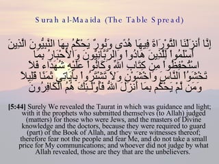 Surah al-Maaida (The Table Spread) إِنَّا أَنزَلْنَا التَّوْرَاةَ فِيهَا هُدًى وَنُورٌ يَحْكُمُ بِهَا النَّبِيُّونَ الَّذِينَ أَسْلَمُواْ لِلَّذِينَ هَادُواْ وَالرَّبَّانِيُّونَ وَالأَحْبَارُ بِمَا اسْتُحْفِظُواْ مِن كِتَابِ اللّهِ وَكَانُواْ عَلَيْهِ شُهَدَاء فَلاَ تَخْشَوُاْ النَّاسَ وَاخْشَوْنِ وَلاَ تَشْتَرُواْ بِآيَاتِي ثَمَنًا قَلِيلاً وَمَن لَّمْ يَحْكُم بِمَا أَنزَلَ اللّهُ فَأُوْلَـئِكَ هُمُ الْكَافِرُونَ  [5:44]  Surely We revealed the Taurat in which was guidance and light; with it the prophets who submitted themselves (to Allah) judged (matters) for those who were Jews, and the masters of Divine knowledge and the doctors, because they were required to guard (part) of the Book of Allah, and they were witnesses thereof; therefore fear not the people and fear Me, and do not take a small price for My communications; and whoever did not judge by what Allah revealed, those are they that are the unbelievers.  