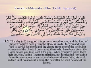 Surah al-Maaida (The Table Spread) الْيَوْمَ أُحِلَّ لَكُمُ الطَّيِّبَاتُ وَطَعَامُ الَّذِينَ أُوتُواْ الْكِتَابَ حِلٌّ لَّكُمْ وَطَعَامُكُمْ حِلُّ لَّهُمْ وَالْمُحْصَنَاتُ مِنَ الْمُؤْمِنَاتِ وَالْمُحْصَنَاتُ مِنَ الَّذِينَ أُوتُواْ الْكِتَابَ مِن قَبْلِكُمْ إِذَا آتَيْتُمُوهُنَّ أُجُورَهُنَّ مُحْصِنِينَ غَيْرَ مُسَافِحِينَ وَلاَ مُتَّخِذِي أَخْدَانٍ وَمَن يَكْفُرْ بِالإِيمَانِ فَقَدْ حَبِطَ عَمَلُهُ وَهُوَ فِي الآخِرَةِ مِنَ الْخَاسِرِينَ  [5:5]  This day (all) the good things are allowed to you; and the food of those who have been given the Book is lawful for you and your food is lawful for them; and the chaste from among the believing women and the chaste from among those who have been given the Book before you (are lawful for you); when you have given them their dowries, taking (them) in marriage, not fornicating nor taking them for paramours in secret; and whoever denies faith, his work indeed is of no account, and in the hereafter he shall be one of the losers.  