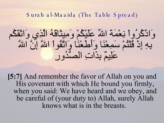Surah al-Maaida (The Table Spread) وَاذْكُرُواْ نِعْمَةَ اللّهِ عَلَيْكُمْ وَمِيثَاقَهُ الَّذِي وَاثَقَكُم بِهِ إِذْ قُلْتُمْ سَمِعْنَا وَأَطَعْنَا وَاتَّقُواْ اللّهَ إِنَّ اللّهَ عَلِيمٌ بِذَاتِ الصُّدُورِ  [5:7]  And remember the favor of Allah on you and His covenant with which He bound you firmly, when you said: We have heard and we obey, and be careful of (your duty to) Allah, surely Allah knows what is in the breasts.  