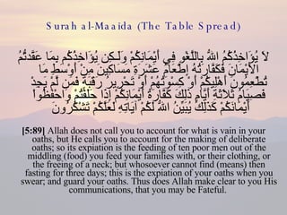 Surah al-Maaida (The Table Spread) لاَ يُؤَاخِذُكُمُ اللّهُ بِاللَّغْوِ فِي أَيْمَانِكُمْ وَلَـكِن يُؤَاخِذُكُم بِمَا عَقَّدتُّمُ الأَيْمَانَ فَكَفَّارَتُهُ إِطْعَامُ عَشَرَةِ مَسَاكِينَ مِنْ أَوْسَطِ مَا تُطْعِمُونَ أَهْلِيكُمْ أَوْ كِسْوَتُهُمْ أَوْ تَحْرِيرُ رَقَبَةٍ فَمَن لَّمْ يَجِدْ فَصِيَامُ ثَلاَثَةِ أَيَّامٍ ذَلِكَ كَفَّارَةُ أَيْمَانِكُمْ إِذَا حَلَفْتُمْ وَاحْفَظُواْ أَيْمَانَكُمْ كَذَلِكَ يُبَيِّنُ اللّهُ لَكُمْ آيَاتِهِ لَعَلَّكُمْ تَشْكُرُونَ  [5:89]  Allah does not call you to account for what is vain in your oaths, but He calls you to account for the making of deliberate oaths; so its expiation is the feeding of ten poor men out of the middling (food) you feed your families with, or their clothing, or the freeing of a neck; but whosoever cannot find (means) then fasting for three days; this is the expiation of your oaths when you swear; and guard your oaths. Thus does Allah make clear to you His communications, that you may be Fateful.  