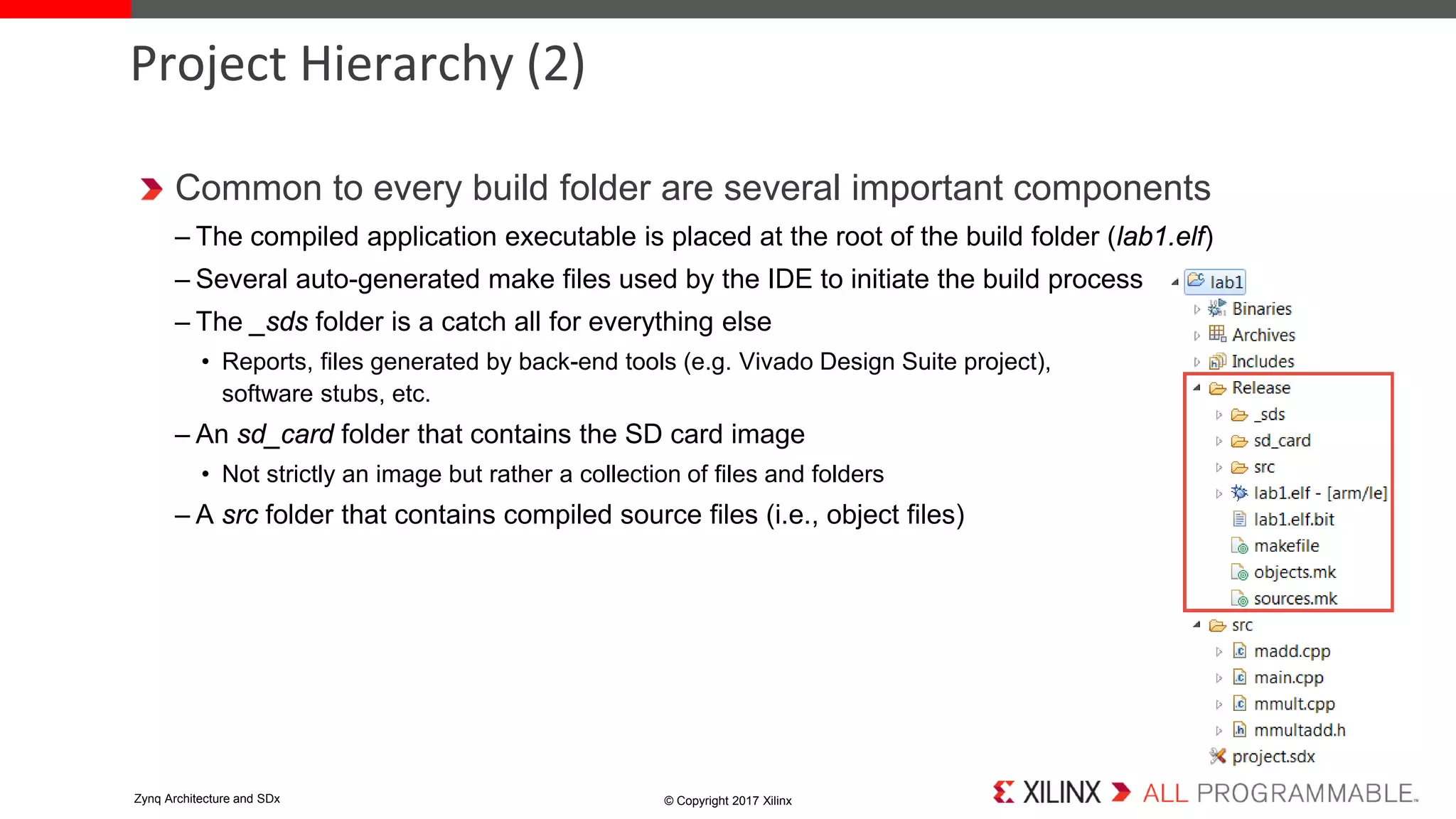 Common to every build folder are several important components
– The compiled application executable is placed at the root of the build folder (lab1.elf)
– Several auto-generated make files used by the IDE to initiate the build process
– The _sds folder is a catch all for everything else
• Reports, files generated by back-end tools (e.g. Vivado Design Suite project),
software stubs, etc.
– An sd_card folder that contains the SD card image
• Not strictly an image but rather a collection of files and folders
– A src folder that contains compiled source files (i.e., object files)
Project Hierarchy (2)
© Copyright 2017 XilinxZynq Architecture and SDx
 