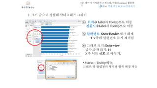 5장. 데이터 시각화의 스위스칼, 태블로(tableau) 활용하
기
1. 크기 순으로 정렬해 막대그래프 그리기
④ 위치 Label과 Tooltip으로 이동
진원시Label과 Tooltip으로 이동
⑤ 일련번호: Show Header 체크 해제
 Y축의 일련번호 표시 제거됨
⑥ 그래프 크기: Enter view
글자,숫자 크기: 14
X축 이름 규모 로 바꾸기.
* Marks – Tooltip메뉴:
그래프 상 팝업창의 형식과 항목 변경 가능
5.16. 역대 지진 TOP 10 추출하기
 
