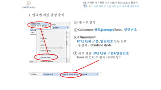 5장. 데이터 시각화의 스위스칼, 태블로(tableau) 활용하
기
1. 연대별 지진 발생 추이
② 새 시트 열기
③ Colunmns: 규모(average) Rows : 일련번호
④ Dimension의
10년 단위 구분, 일련번호 모두 선택
- 우클릭 - Combine Fields
⑤ 새로 생긴 10년 단위 구분&일련번호
Rows 에 있던 두 항목 사이에 넣기
5.17. 10년 단위로 지진 규모 순위 추출해 정렬하기
 