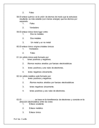 Prof :luis Castillo
2. Falso
58.El enlace químico es la unión de átomos de modo que la estructura
resultante es más estable (con menos energía) que los átomos por
separado.
1. Falso
2. Verdadero
59.El enlace iónico tiene lugar entre:
1. Dos no metales
2. Dos metales
3. Un metal y un no metal
60.El enlace iónico origina cristales iónicos
1. Verdadero
2. Falso
61.Un sólido iónico está formado por:
1. Iones positivos y negativos.
2. Átomos neutros atraídos por fuerzas electrostáticas
3. Iones positivos y una nube de electrones.
4. Iones negativos únicamente.
62.Un sólido metálico está formado por:
1. Iones positivos y negativos.
2. Átomos neutros atraídos por fuerzas electrostáticas
3. Iones negativos únicamente.
4. Iones positivos y una nube de electrones.
63.El ……………….. se basa en la transferencia de electrones y consiste en la
atracción electrostática entre los iones
1. Enlace covalente
2. Enlace metálico
3. Enlace iónico
 