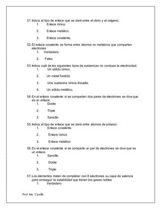 Prof :luis Castillo
51.Indica el tipo de enlace que se dará entre el cloro y el oxígeno:
1. Enlace iónico
2. Enlace metálico
3. Enlace covalente.
52.El enlace covalente se forma entre átomos no metálicos que comparten
electrones
1. Verdadero
2. Falso
53.Indica cuál de los siguientes tipos de sustancias no conduce la electricidad:
1. Un sólido iónico.
2. Un metal fundido
3. Una sustancia iónica disuelta.
4. Un sólido metálico.
54.En el enlace covalente si se comparten dos pares de electrones se dice que
es un enlace:
1. Doble
2. Triple
3. Sencillo
55.Indica el tipo de enlace que se dará entre átomos de potasio:
1. Enlace covalente.
2. Enlace iónico
3. Enlace metálico
56.En el enlace covalente si se comparte un par de electrones se dice que es
un enlace:
1. Sencillo
2. Doble
3. Triple
57.Los elementos tratan de completar con 8 electrones su capa de valencia
para conseguir la estabilidad que tienen los gases nobles
1. Verdadero
 