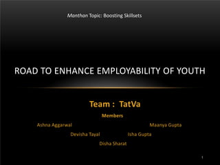 Team : TatVa
Members
Ashna Aggarwal Maanya Gupta
Devisha Tayal Isha Gupta
Disha Sharat
ROAD TO ENHANCE EMPLOYABILITY OF YOUTH
Manthan Topic: Boosting Skillsets
1
 