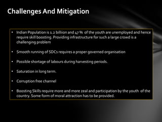 Challenges And Mitigation
• Indian Population is 1.2 billiion and 47 % of the youth are unemployed and hence
require skill boosting. Providing infrastructure for such a large crowd is a
challenging problem
• Smooth running of SDCs requires a proper governed organisation
• Possible shortage of labours during harvesting periods.
• Saturation in long term.
• Corruption free channel
• Boosting Skills require more and more zeal and participation by the youth of the
country. Some form of moral attraction has to be provided.
 