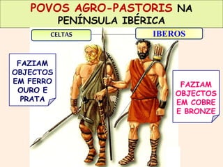 POVOS AGRO-PASTORIS NA 
PENÍNSULA IBÉRICA 
FAZIAM 
OBJECTOS 
EM COBRE 
E BRONZE 
FAZIAM 
OBJECTOS 
EM FERRO 
OURO E 
PRATA 
CELTAS IBEROS 
 