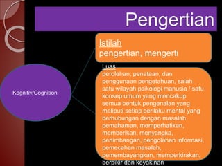 Pengertian 
Istilah 
pengertian, mengerti 
Luas 
perolehan, penataan, dan 
penggunaan pengetahuan, salah 
satu wilayah psikologi manusia / satu 
konsep umum yang mencakup 
semua bentuk pengenalan yang 
meliputi setiap perilaku mental yang 
berhubungan dengan masalah 
pemahaman, memperhatikan, 
memberikan, menyangka, 
pertimbangan, pengolahan informasi, 
pemecahan masalah, 
pemembayangkan, memperkirakan, 
berpikir dan keyakinan 
Kognitiv/Cognition 
 