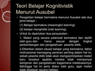 Teori Belajar Kognitivistik 
Menurut Ausubel 
 Pengertian belajar bermakna menurut Ausubel ada dua 
jenis belajar : 
(1) Belajar bermakna (meaningful learning) 
(2) belajar menghafal (rote learning). 
 Untuk itu diperlukan dua persyaratan : 
1. Materi yang secara potensial bermakna dan dipilih 
oleh guru dan harus sesuai dengan tingkat 
perkembangan dan pengetahuan peserta didik. 
2.Diberikan dalam situasi belajar yang bermakna, faktor 
motivasional memegang peranan penting dalam hal ini, 
sebab peserta didik tidak akan mengasimilasikan materi 
baru tersebut apabila mereka tidak mempunyai 
keinginan dan pengetahuan bagaimana melakukannya. 
Sehingga hal ini perlu diatur oleh guru, agar materi 
tidak dipelajari secara hafalan. 
 