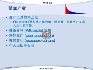 新生产者 生产工具的大众化 “ 业余专家”是长尾市场的第一股力量，也是生产工具大众化的产物。 维基百科 (Wikipedia) 现象 同好生产 (peer production) 曝光文化 (exposure culture) 个人出版不丢脸 01/19/10 南京大学软件学院 