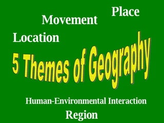 5 Themes of Geography Location Place Human-Environmental Interaction Movement Region 