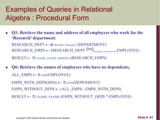 Examples of Queries in Relational
Algebra : Procedural Form


Q1: Retrieve the name and address of all employees who work for the
‘Research’ department.
RESEARCH_DEPT   DNAME=’Research’ (DEPARTMENT)
RESEARCH_EMPS  (RESEARCH_DEPT

DNUMBER= DNOEMPLOYEE

EMPLOYEE)

RESULT   FNAME, LNAME, ADDRESS (RESEARCH_EMPS)


Q6: Retrieve the names of employees who have no dependents.
ALL_EMPS   SSN(EMPLOYEE)
EMPS_WITH_DEPS(SSN)   ESSN(DEPENDENT)
EMPS_WITHOUT_DEPS  (ALL_EMPS - EMPS_WITH_DEPS)
RESULT   LNAME, FNAME (EMPS_WITHOUT_DEPS * EMPLOYEE)

Copyright © 2007 Ramez Elmasri and Shamkant B. Navathe

Slide 6- 61

 