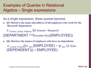 Examples of Queries in Relational
Algebra – Single expressions
As a single expression, these queries become:


Q1: Retrieve the name and address of all employees who work for the
‘Research’ department.

 Fname, Lname, Address (σ Dname= ‗Research‘
(DEPARTMENT Dnumber=Dno(EMPLOYEE))


Q6: Retrieve the names of employees who have no dependents.

 Lname, Fname(( Ssn (EMPLOYEE) − ρ Ssn ( Essn
(DEPENDENT))) ∗ EMPLOYEE)

Copyright © 2007 Ramez Elmasri and Shamkant B. Navathe

Slide 6- 62

 