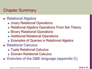 Chapter Summary


Relational Algebra









Relational Calculus





Unary Relational Operations
Relational Algebra Operations From Set Theory
Binary Relational Operations
Additional Relational Operations
Examples of Queries in Relational Algebra
Tuple Relational Calculus
Domain Relational Calculus

Overview of the QBE language (appendix C)
Copyright © 2007 Ramez Elmasri and Shamkant B. Navathe

Slide 6- 93

 