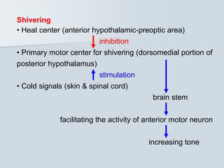 Shivering
• Heat center (anterior hypothalamic-preoptic area)
inhibition
• Primary motor center for shivering (dorsomedial portion of
posterior hypothalamus)
stimulation
• Cold signals (skin & spinal cord)
brain stem
facilitating the activity of anterior motor neuron
increasing tone
 