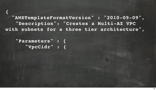 {
"AWSTemplateFormatVersion" : "2010-09-09",
! "Description": "Creates a Multi-AZ VPC
with subnets for a three tier archit...