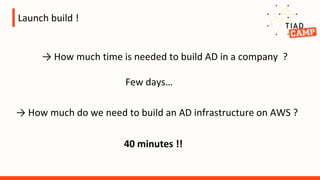 Launch build !
→ How much time is needed to build AD in a company ?
Few days…
→ How much do we need to build an AD infrastructure on AWS ?
40 minutes !!
 