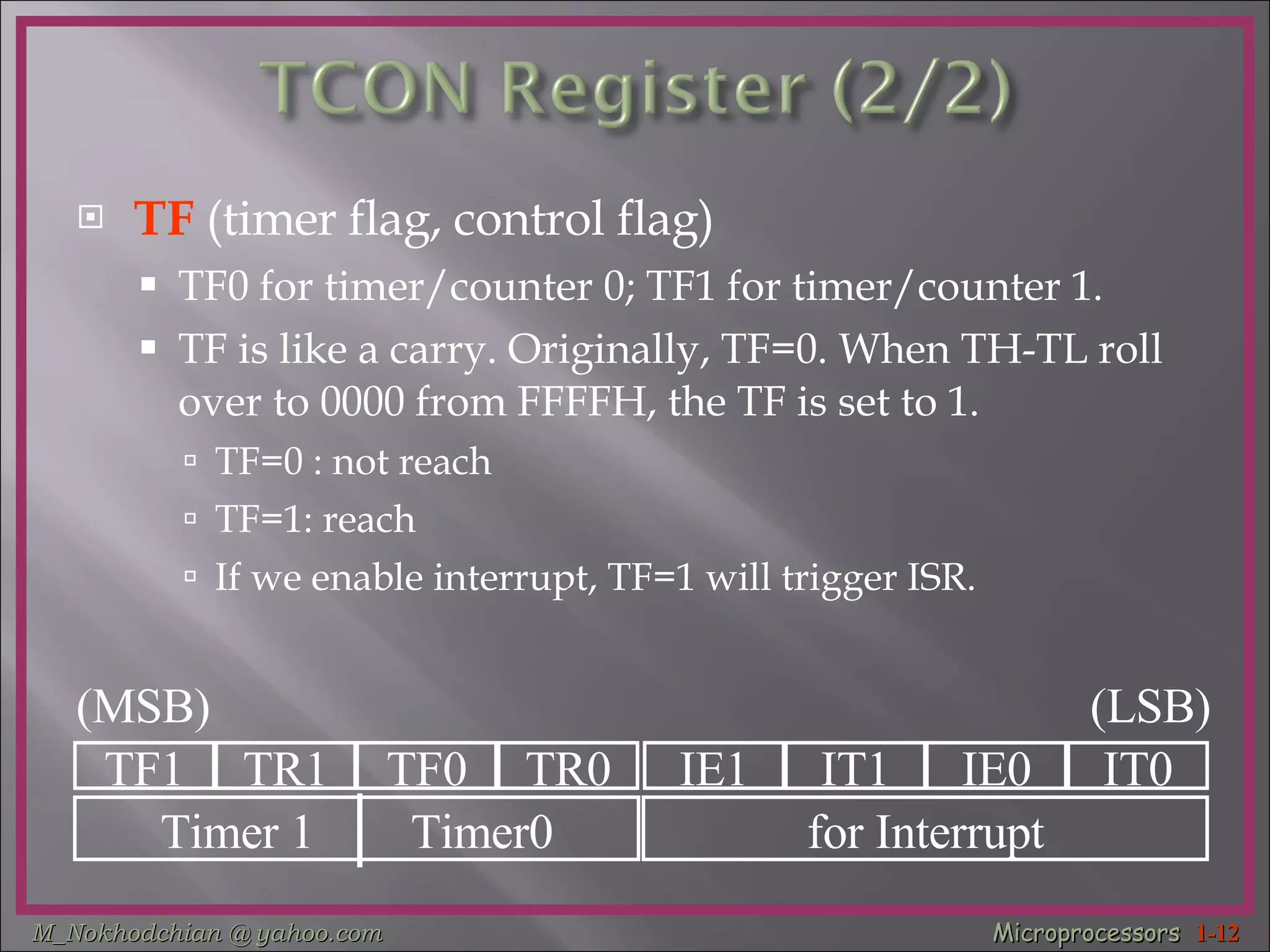 TF   (timer flag, control flag)  TF0 for timer/counter 0; TF1 for timer/counter 1. TF is like a carry. Originally, TF=0. When TH-TL roll over to 0000 from FFFFH, the TF is set to 1. TF=0 : not reach  TF=1: reach  If we enable interrupt, TF=1 will trigger ISR. TF1 TR1 TF0 TR0 IE1 IT1 IE0 IT0 Timer 1  Timer0 for Interrupt (MSB) (LSB) 