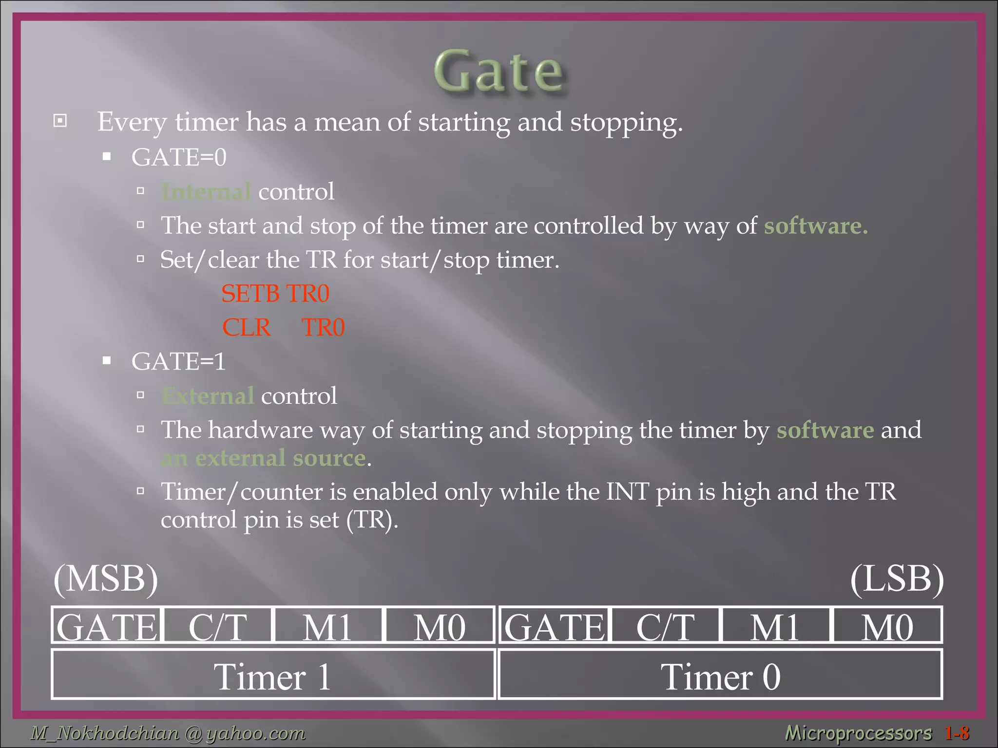 Every timer has a mean of starting and stopping. GATE=0 Internal  control The start and stop of the timer are controlled by way of  software. Set/clear the TR for start/stop timer. SETB TR0 CLR  TR0 GATE=1 External  control The hardware way of starting and stopping the timer by  software  and  an external source . Timer/counter is enabled only while the INT pin is high and the TR control pin is set (TR). GATE C/T M1 M0 GATE C/T M1 M0 Timer 1 Timer 0 (MSB) (LSB) 