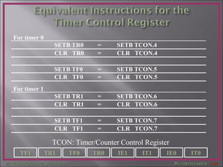 TCON: Timer/Counter Control Register For timer 0 SETB TR0 = SETB TCON.4 CLR  TR0 = CLR  TCON.4 SETB TF0 = SETB TCON.5 CLR  TF0 = CLR  TCON.5 For timer 1 SETB TR1 = SETB TCON.6 CLR  TR1 = CLR  TCON.6 SETB TF1 = SETB TCON.7 CLR  TF1 = CLR  TCON.7 TF1 IT0 IE0 IT1 IE1 TR0 TF0 TR1 