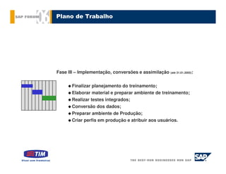 Plano de Trabalho




Fase III – Implementação, conversões e assimilação (até 31.01.2005):


       Finalizar planejamento do treinamento;
       Elaborar material e preparar ambiente de treinamento;
       Realizar testes integrados;
       Conversão dos dados;
       Preparar ambiente de Produção;
       Criar perfis em produção e atribuir aos usuários.
 