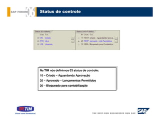 Status de controle




 Na TIM nós definimos 03 status de controle:
Na TIM nós definimos 03 status de controle:
10 ––Criado ––Aguardando Aprovação
 10 Criado Aguardando Aprovação

20 ––Aprovado ––Lançamentos Permitidos
 20 Aprovado Lançamentos Permitidos

30 ––Bloqueado para contabilização
 30 Bloqueado para contabilização
 
