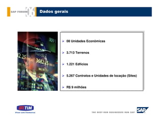 Dados gerais




            08 Unidades Econômicas
           08 Unidades Econômicas


            3.713 Terrenos
           3.713 Terrenos


            1.221 Edfícios
           1.221 Edfícios


           5.267 Contratos eeUnidades de locação (Sites)
            5.267 Contratos Unidades de locação (Sites)


           R$ 99milhões
            R$ milhões
 