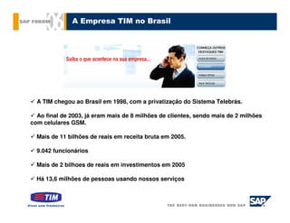 A Empresa TIM no Brasil




  A TIM chegou ao Brasil em 1998, com a privatização do Sistema Telebrás.

  Ao final de 2003, já eram mais de 8 milhões de clientes, sendo mais de 2 milhões
com celulares GSM.

  Mais de 11 bilhões de reais em receita bruta em 2005.

  9.042 funcionários

  Mais de 2 bilhoes de reais em investimentos em 2005

  Há 13,6 milhões de pessoas usando nossos serviços
 