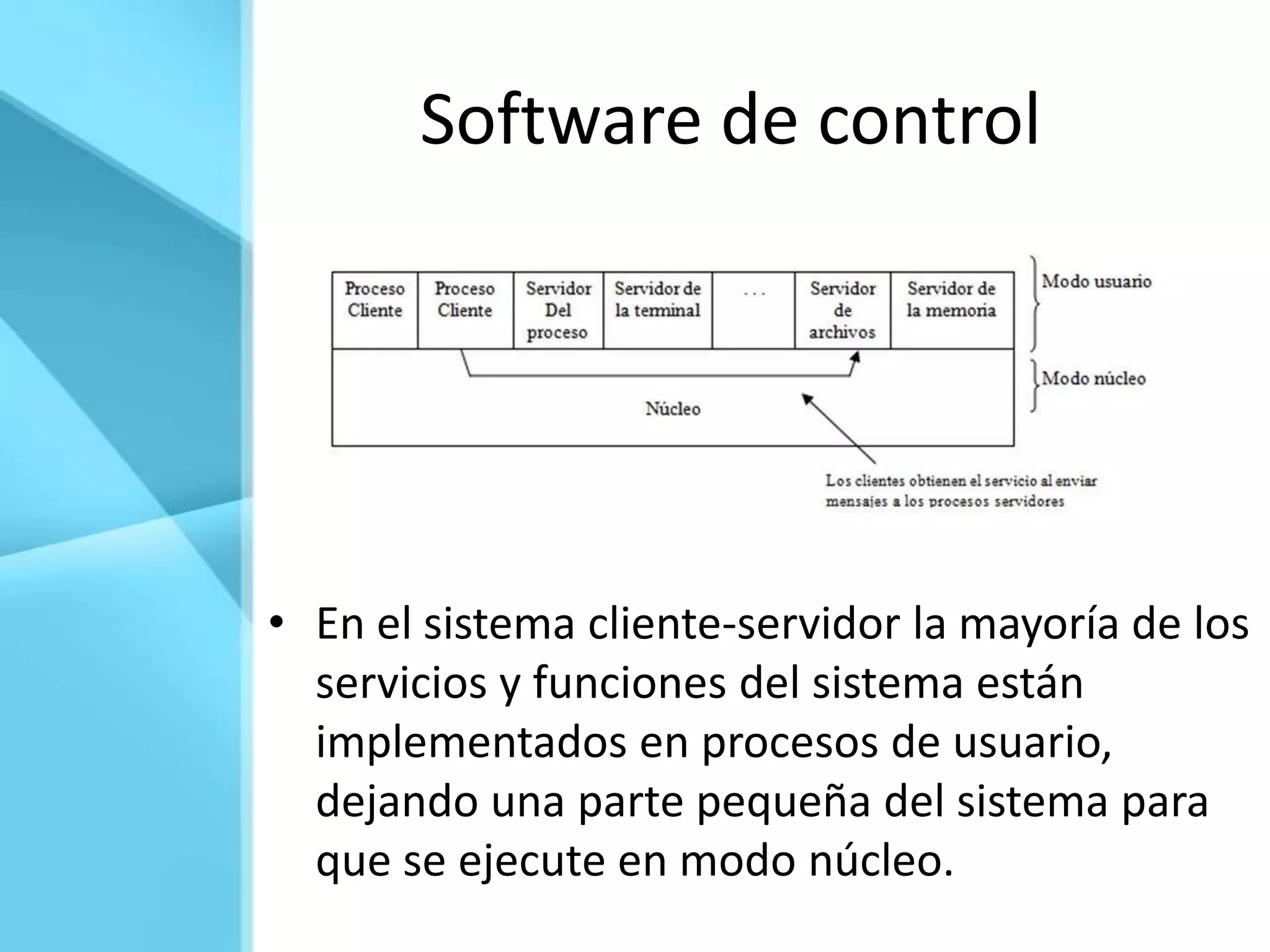 Software de control




• En el sistema cliente-servidor la mayoría de los
  servicios y funciones del sistema están
  implementados en procesos de usuario,
  dejando una parte pequeña del sistema para
  que se ejecute en modo núcleo.
 