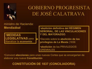 GOBIERNO PROGRESISTA
                      DE JOSÉ CALATRAVA
ministro de Hacienda:
Mendizábal                   •abolición definitiva del RÉGIMEN
                             SEÑORIAL, DE LAS VINCULACIONES
 •MEDIDAS                    Y DEL MAYORAZGO.
 LEGISLATIVAS para           •Decreto sobre la abolición de los
 liberalizar la economía:    privilegios de La Mesta (1836
                             •abolición de los PRIVILEGIOS
                             GREMIALES
•Convocó elecciones para unas nuevas Cortes que se encargarían de
elaborar una nueva Constitución

       CONSTITUCIÓN DE 1837 (CONCILIADORA)
 