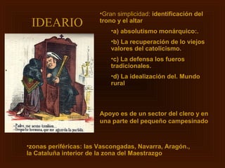 •Gran simplicidad: identificación del
 IDEARIO                trono y el altar
                            •a) absolutismo monárquico:.
                            •b) La recuperación de lo viejos
                            valores del catolicismo.
                            •c) La defensa los fueros
                            tradicionales.
                            •d) La idealización del. Mundo
                            rural



                        Apoyo es de un sector del clero y en
                        una parte del pequeño campesinado



•zonas periféricas: las Vascongadas, Navarra, Aragón.,
la Cataluña interior de la zona del Maestrazgo
 