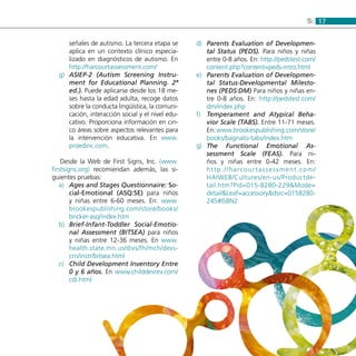 175:
señales de autismo. La tercera etapa se
aplica en un contexto clínico especia-
lizado en diagnósticos de autismo. En
http://harcourtassessment.com/
ASIEP-2 (Autism Screening Instru-g)	
ment for Educational Planning. 2ª
ed.). Puede aplicarse desde los 18 me-
ses hasta la edad adulta, recoge datos
sobre la conducta lingüística, la comuni-
cación, interacción social y el nivel edu-
cativo. Proporciona información en cin-
co áreas sobre aspectos relevantes para
la intervención educativa. En www.
proedinc.com.
Desde la Web de First Signs, Inc. (www.
firstsigns.org) recomiendan además, las si-
guientes pruebas:
Ages and Stages Questionnaire:a)	 So-
cial-Emotional (ASQ:SE) para niños
y niñas entre 6-60 meses. En: www.
brookespublishing.com/store/books/
bricker-asq/index.htm
Brief-Infant-Toddler Social-Emotio-b)	
nal Assessment (BITSEA) para niños
y niñas entre 12-36 meses. En www.
health.state.mn.us/divs/fh/mch/devs-
crn/instr/bitsea.html
Child Development Inventory Entrec)	
0 y 6 años. En www.childdevrev.com/
cdi.html
Parents Evaluation of Developmen-d)	
tal Status (PEDS). Para niños y niñas
entre 0-8 años. En: http://pedstest.com/
content.php?content=peds-intro.html
Parents Evaluation of Developmen-e)	
tal Status-Developmental Milesto-
nes (PEDS:DM) Para niños y niñas en-
tre 0-8 años. En: http://pedstest.com/
dm/index.php
Temperament and Atypical Beha-f)	
vior Scale (TABS). Entre 11-71 meses.
En: www.brookespublishing.com/store/
books/bagnato-tabs/index.htm
The Functional Emotional As-g)	
sessment Scale (FEAS). Para ni-
ños y niñas entre 0-42 meses. En:
http://harcourtassessment.com/
HAIWEB/Cultures/en-us/Productde-
tail.htm?Pid=015-8280-229&Mode=
detail&Leaf=accessory&dsrc=0158280-
245#ISBN2
 