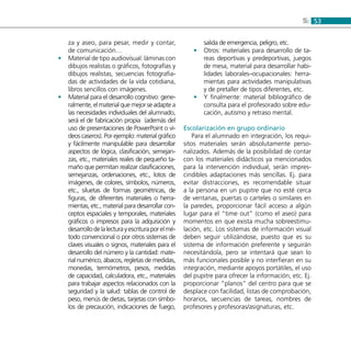 535:
za y aseo, para pesar, medir y contar,
de comunicación…
Material de tipo audiovisual: láminas con••
dibujos realistas o gráficos, fotografías y
dibujos realistas, secuencias fotografia-
das de actividades de la vida cotidiana,
libros sencillos con imágenes.
Material para el desarrollo cognitivo: gene-••
ralmente, el material que mejor se adapte a
las necesidades individuales del alumnado,
será el de fabricación propia (además del
uso de presentaciones de PowerPoint o ví-
deos caseros). Por ejemplo: material gráfico
y fácilmente manipulable para desarrollar
aspectos de lógica, clasificación, semejan-
zas, etc., materiales reales de pequeño ta-
maño que permitan realizar clasificaciones,
semejanzas, ordenaciones, etc., lotos de
imágenes, de colores, símbolos, números,
etc., siluetas de formas geométricas, de
figuras, de diferentes materiales o herra-
mientas, etc., material para desarrollar con-
ceptos espaciales y temporales, materiales
gráficos o impresos para la adquisición y
desarrollodelalecturayescrituraporelmé-
todo convencional o por otros sistemas de
claves visuales o signos, materiales para el
desarrollo del número y la cantidad: mate-
rial numérico, ábacos, regletas de medidas,
monedas, termómetros, pesos, medidas
de capacidad, calculadora, etc., materiales
para trabajar aspectos relacionados con la
seguridad y la salud: tablas de control de
peso, menús de dietas, tarjetas con símbo-
los de precaución, indicaciones de fuego,
salida de emergencia, peligro, etc.
Otros: materiales para desarrollo de ta-••
reas deportivas y predeportivas, juegos
de mesa, material para desarrollar habi-
lidades laborales–ocupacionales: herra-
mientas para actividades manipulativas
y de pretaller de tipos diferentes, etc.
Y finalmente: material bibliográfico de••
consulta para el profesorado sobre edu-
cación, autismo y retraso mental.
Escolarización en grupo ordinario
Para el alumnado en integración, los requi-
sitos materiales serán absolutamente perso-
nalizados. Además de la posibilidad de contar
con los materiales didácticos ya mencionados
para la intervención individual, serán impres-
cindibles adaptaciones más sencillas. Ej. para
evitar distracciones, es recomendable situar
a la persona en un pupitre que no esté cerca
de ventanas, puertas o carteles o similares en
la paredes, proporcionar fácil acceso a algún
lugar para el “time out” (como el aseo) para
momentos en que exista mucha sobreestimu-
lación, etc. Los sistemas de información visual
deben seguir utilizándose, puesto que es su
sistema de información preferente y seguirán
necesitándola, pero se intentará que sean lo
más funcionales posible y no interfieran en su
integración, mediante apoyos portátiles, el uso
del pupitre para ofrecer la información, etc. Ej.
proporcionar “planos” del centro para que se
desplace con facilidad, listas de comprobación,
horarios, secuencias de tareas, nombres de
profesores y profesoras/asignaturas, etc.
 