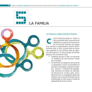 54 MANUAL DE ATENCIÓN AL ALUMNADO CON NECESIDADES ESPECÍFICAS DE APOYO EDUCATIVO DERIVADAS DE TRANSTORNOS GENERALES DEL DESARROLLO
La familia5 La familia como agente pasivo
omo núcleo que recibe un “shock” y
tiene que desarrollar mecanismos de
adaptación y superación de ese esta-
do, las familias necesitan de apoyos
muy intensos y especializados durante prácti-
camente toda su vida, aunque éstos se hacen
más evidentes en los primeros años de apari-
ción del trastorno. En este periodo las familias
destacan dos momentos clave:
Sospechas de que su hijo o su hija tiene••
un problema de comunicación (verbal
y/o no verbal).
Se confirman las sospechas, por parte de••
un especialista; incluso se ensombrece el
panorama al empezar a aparecer la pala-
bra “autismo” o Síndrome de Asperger.
Este momento se retarda con demasia-
da frecuencia en muchos casos, princi-
palmente por la complejidad propia del
trastorno, por la escasa formación de los
profesionales en este campo y la falta de
especialización de los mismos.
C
 