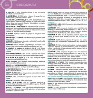 BIBLIOGRAFÍA5:
Alcantud, F. (2003). Intervención educativa en niños con trastornos
generalizadosdeldesarrollo.Pirámide.
Alonso Peña, J. R. (2004). Autismo y Síndrome de Asperger. Guía para
familiares,amigosyprofesionales.Salamanca. Amarú.
Altuzarra, P., I. Arzibengoa, et al. (1994). EDUCAUTISME: Materiales
y recursos didácticos para la Educación de las personas con Autismo. Vitoria-Gasteiz,
Gobierno Vasco. Departamento de Educación, Universidades e investigación.
Dirección de Renovación pedagógica.
Altuzarra,P.,I.Arzibengoa,etal.(1994).EDUCAUTISME:Latransicióna
lavidaactivadejóvenesconNEE:Marcocurricularparaelprogramadeaprendizajede
tareas.Vitoria-Gasteiz, GobiernoVasco. Departamento de Educación, Universidades
e investigación. Dirección de Renovación pedagógica.
Attwood, T. (2002). El síndrome de Asperger: una guía para la familia.
Barcelona. Paidós.
Baron-Cohen,S.yP.Bolton(1998).Autismo:unaguíaparapadres.Madrid.
Alianza Editorial.
Barrat, P (1988). El autismo: cómo ayudar a tu hijo o hija. Servicio Central de
PublicacionesdelGobiernoVasco.2002.
Barrat, P (1988). El síndrome de Asperger. Estrategias prácticas para el aula.
Guíaparaelaula. Servicio Central de Publicaciones del GobiernoVasco. 2002.
Baumgart, D., Johnson, J., Y Helmstetter, E. (1996). Sistemas
alternativos de comunicación para personas con discapacidad. Madrid. Alianza
Psicología.
Belinchón CARMONA, M. (2001). Situación y necesidades de las personas
con trastornos del espectro autista en la Comunidad de Madrid. Madrid, M&M.
Belinchón, M., A. Riviére, A., et al. (1992). Psicología del lenguaje:
investigaciónyteoría.Madrid, EditorialTrotta.
Carr, Edward E. (1996). Intervención comunicativa sobre los problemas de
comportamiento.Madrid. Alianza Editorial.
Cuesta,J.L.YHortiguela,V(coord.)(2007).Sendahacialaparticipación.
CalidaddevidaenlaspersonasconTEAysusfamilias.Autismo Burgos.
Equipo Deletrea (2007). Síndrome de Asperger: otra forma de aprender.
Madrid. Consejería de Educación.
Equipo Deletrea(2008).Losniñospequeñosconautismo.Solucionesprácticas
paraproblemascotidianos. Madrid. Cepe.
Frith, U. (1992). Autismo. Hacia una explicación del enigma. Madrid. Alianza
Editorial.
Frith, U. (1989). Autismo. Madrid. Alianza Editorial.
Frost, L. A., A. S. Bondy (1996). PECS. El sistema de comunicación por
intercambio de figuras. Manual de entrenamiento. (Edición española). Cherry Hill,
N.J., Pyramid Educational consultants, Inc.
Fuentes, J., I. Aizpurua, et al. (1992). Autismo y Necesidades Educativas
Especiales. Vitoria-Gasteiz, Servicio central de publicaciones del Gobierno Vasco.
Vicepresidencia para Asuntos Sociales.
GETEA. Grupo de Estudio de los Trastornos del Espectro Autista del Instituto de
Salud Carlos III. (2005). Guía de buena práctica para el diagnóstico de los trastornos
delespectroautista.REV NEUROL,Volume, 41 (5), 299-310 www.revneurol.com
GETEA. Grupo de Estudio de los Trastornos del Espectro Autista del Instituto
de Salud Carlos III. (2005). Guía de buena práctica para la detección temprana de
los trastornos del espectro autista. REV NEUROL. Volume, 41 (4), 237-245. www.
revneurol.com
González, A.,V. Labat.(2005).MihermanotieneAutismo.Madrid,Ministerio
deTrabajo y Asuntos sociales.
Gortázar P. (1995). Jerarquización de objetivos para el inicio del desarrollo
del lenguaje y la comunicación en personas con autismo y T.G.D. En VV. AA. (Ed.): La
atención a alumnos con necesidades educativas graves y permanentes. Pamplona.
Gobierno de Navarra, Dto. de Educación, Cultura, Deporte y Juventud.
Gortázar, M. (2001). Bases de un programa de atención temprana para
trastornos del espectro autista. Retrieved 14/02/2007, from www.astait.org/
basespro.htm
Gortázar, P. (1990). Ecolalia y adquisicion del lenguaje en niños autistas:
implicaciones de cara a la intervención. VI Congreso Nacional de AETAPI. Palma de
Mallorca.
Gortázar, P. (1993). Implicaciones del modelo de enseñanza natural del
lenguaje en la intervención con personas con autismo. El autismo 50 años después
de Kanner (1943) Actas del VII Congreso Nacional de AETAPI. Salamanca 24-27 de
octubre de 1992. Amarú Ediciones.
Gortázar, P. (1995). Jerarquización de objetivos para el inicio del desarrollo
del lenguaje y la comunicación en personas con autismo y T.G.D. En VV. AA. (Ed.). La
atención a alumnos con necesidades educativas graves y permanentes. Pamplona.
Gobierno de Navarra, Dto. de Educación, Cultura, Deporte y Juventud.
Gortázar,P.(2001).LaEnseñanzadeGestosNaturalesenPersonasconAutismo.
ComunicaciónpresentadaenlasIIJornadasISAACEspaña.Valencia,Septiembrede2001.
Gortazar, P., J. Tamarit (1989). Lenguaje y comunicación. Intervención
Educativa en Autismo Infantil. Ministerio de Educación y Ciencia. Madrid. Centro
Nacional de Recursos para la Educación Especial.
Grandin, T. (1997). Atravesandolaspuertasdelautismo.Madrid. Paidós.
Grandin, T. (2006).Pensarconimágenes.Mividaconelautismo.Barcelona.Alba.
Gray, C. A. (1998). Historias Sociales y Conversaciones en forma de Historieta
para estudiantes con Síndrome de Asperger o Autismo de Alto Funcionamiento. Cap.
9. Asperger Syndrome or High-Functioning Autism? Retrieved 16/07/2007, from
http://es.geocities.com/sindromedeasperger/Informa/articulos/38.htm
Greenspan,S.,Wieder,S.(2008)ComprenderelAutismo.Unrecorridoporlos
trastornosdelespectroautistayelsíndromedeAspergeralolargodetodaslasetapas
escolareshastalaedadadulta.Madrid. Integral.
Happé,F.(1998).Introducciónalautismo.Unaintroducciónalateoríapsicológica.
Madrid. Alianza Editorial.
Harris, S.L. (2001). Los hermanos de niños con autismo. Su rol específico en las
relacionesfamiliares.Madrid. Narcea.
 