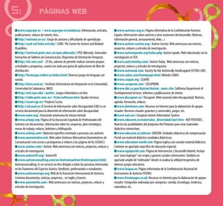 5: PÁGINAS WEB
www.asperger.es / www.asperger.es/andalucia: Información, artículos,
publicaciones, enlaces de interés, foro...
http://autismo.uv.es/: Grupo de autismo y dificultades de aprendizaje.
http://card-usf.fmhi.usf.edu/: CARD-The Center for Autism and Related
Disabilites.
http://centros6.pntic.mec.es/cpee.alborada/: CPEE Alborada. Generador
Interactivo deTableros de Comunicación, Dispositivo de OrientaciónTemporal.
http://clic.xtec.net/ : El Clic, además de permitir realizar nuestras propias
actividades y programas, cuenta con toda una gama de aplicaciones de libre de
distribución.
http://formespa.rediris.es/index.html: Diversos juegos de lenguaje con
sonido.
http://inico.usal.es/ : Instituto Universitario de Integración en la Comunidad.
Universidad de Salamanca. INICO.
http://mrl.nyu.edu/~perlin/: Juegos informáticos on-line.
http://roble.pntic.mec.es/~fsoto/software.htm: Ayudas técnicas.
http://scaut.ugr.es/: Proyecto Sc@ut.
http://sid.usal.es: El Servicio de Información sobre Discapacidad (SID) es un
servicio documental para la obtención de información sobre discapacidad.
www.aamr.org/: Asociación americana de retraso mental.
www.aetapi.org: Página de la Asociación Española de Profesionales del
Autismo con documentos, información sobre los congresos, plan estratégico,
mesas de trabajo, enlaces, boletines y bibliografía.
www.asilesp.com/: Material específico orientado a personas con autismo.
www.aumentativa.net: Web sobre Sistemas Alternativos/Aumentativos de
Comunicación (con acceso a pictogramas y enlaces a las páginas de los SSAACC).
www.autism.com/: Autism:Web americana con noticias, proyectos, enlaces y
artículos de investigación.
www.autism99.org/: Autism99
www.autismconsulting.com/on-linetrainautism/html/espanol.html:
Autismoconsulting. Es un servicio on-line dirigido a todas las personas interesadas
en losTrastornos del Espectro Autista, familiares, profesionales o estudiantes.
www.autismeurope.org: Web de la Asociación Internacional de Autismo.
Contiene documentos, noticias, proyectos... en inglés y francés.
www.autisminfo.com/: Web americana con noticias, proyectos, enlaces y
artículos de investigación.
www.autismo.org.es: Página informativa de la Confederación Autismo
España. Información sobre autismo y otros trastornos del desarrollo. (Noticias,
información general, asesoramiento, links...)
www.autism-society.org/: Autism Society.Web americana con noticias,
proyectos, enlaces y artículos de investigación.
www.autismspeaks.org/index.php: Autism speaks.Web relacionada con la
investigación enTEA.
www.autismtoday.com/: AutismToday. Web americana con noticias,
proyectos, enlaces y artículos de investigación.
www.autismuk.com: Society for the Autistically Handicapped (SFTAH) (UK).
www.cabas.com/homepage.html: Método CABAS.
www.ceapat.org : CEAPAT.
www.cecaproin.com : CECAPROIN.
www.dds.ca.gov/Autism/Autism_main.cfm: California Department of
Developmental Services: informes y publicaciones de interés.
www.discapnet.es/: Discapnet.Web nacional sobre discapacidad. Noticias,
agenda, formación, enlaces.
www.dotolearn.com: Recursos en Internet para la elaboración de apoyos
visuales. Recursos visuales gratuitos y comerciales, juegos, etc.
www.eais.eu/: European Autism Information System.
www.educarm.es/materiales_diversidad/start.htm : HOT POTATOES.
Muestra las posibilidades del programa Hot Potatoes para crear materiales
didácticos interactivos.
www.educarm.es/udicom: UDICOM. Unidades didacticas de compensación.
Portal con material didáctico (unidades didácticas).
www.education-world.com: Página inglesa con variado material didáctico.
Contiene un apartado específico de educación especial.
www.equiposidi.com: Página de Intervención y Desarrollo Infantil. Incluye
una“zona Asperger”con scripts y guiones sociales interesantes.También un
apartado amplio de“ordenador”donde se analiza la utilidad terapéutica de
diversos juegos educativos.
www.fespau.es: Página informativa de la Confederación Nacional de
Asociaciones de Autismo FESPAU.
www.freeimages.co.uk: Recursos en Internet para la elaboración de apoyos
visuales. Fotografías ordenadas por categorías: comida, tecnología, medicina,
naturaleza, etc.
 