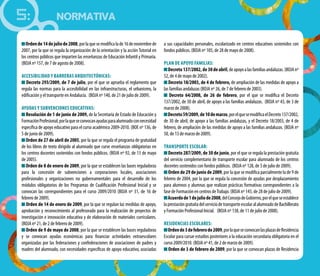 Ordende14dejuliode2008,porlaquesemodificalade16denoviembrede
2007, por la que se regula la organización de la orientación y la acción Tutorial en
los centros públicos que imparten las enseñanzas de Educación Infantil y Primaria.
(BOJA nº 157, de 7 de agosto de 2008).
Accesibilidad y barreras arquitectónicas:
Decreto 293/2009, de 7 de julio, por el que se aprueba el reglamento que
regula las normas para la accesibilidad en las infraestructuras, el urbanismo, la
edificación y el transporte en Andalucía. (BOJA nº 140, de 21 de julio de 2009).
Ayudas y subvenciones educativas:
Resolución de 1 de junio de 2009, de la Secretaría de Estado de Educación y
FormaciónProfesional,porlaqueseconvocanayudasparaalumnadoconnecesidad
específica de apoyo educativo para el curso académico 2009-2010. (BOE nº 136, de
5 de junio de 2009).
Orden de 27 de abril de 2005, por la que se regula el programa de gratuidad
de los libros de texto dirigido al alumnado que curse enseñanzas obligatorias en
los centros docentes sostenidos con fondos públicos. (BOJA nº 92, de 13 de mayo
de 2005).
Orden de 8 de enero de 2009, por la que se establecen las bases reguladoras
para la concesión de subvenciones a corporaciones locales, asociaciones
profesionales y organizaciones no gubernamentales para el desarrollo de los
módulos obligatorios de los Programas de Cualificación Profesional Inicial y se
convocan las correspondientes para el curso 2009/2010 (BOJA nº 31, de 16 de
febrero de 2009).
Orden de 14 de enero de 2009, por la que se regulan las medidas de apoyo,
aprobación y reconocimiento al profesorado para la realización de proyectos de
investigación e innovación educativa y de elaboración de materiales curriculares.
(BOJA nº 21, de 2 de febrero de 2009).
Orden de 9 de mayo de 2008, por la que se establecen las bases reguladoras
y se convocan ayudas económicas para financiar actividades extraescolares
organizadas por las federaciones y confederaciones de asociaciones de padres y
madres del alumnado, con necesidades específicas de apoyo educativo, asociadas
a sus capacidades personales, escolarizado en centros educativos sostenidos con
fondos públicos. (BOJA nº 105, de 28 de mayo de 2008).
Plan de Apoyo Familias:
Decreto137/2002,de30deabril,deapoyoalasfamiliasandaluzas.(BOJAnº
52, de 4 de mayo de 2002).
Decreto 18/2003, de 4 de febrero, de ampliación de las medidas de apoyo a
las familias andaluzas (BOJA nº 26, de 7 de febrero de 2003).
Decreto 64/2008, de 26 de febrero, por el que se modifica el Decreto
137/2002, de 30 de abril, de apoyo a las familias andaluzas. (BOJA nº 43, de 3 de
marzo de 2008).
Decreto59/2009,de10demarzo,porelquesemodificaelDecreto137/2002,
de 30 de abril, de apoyo a las familias andaluzas, y el Decreto 18/2003, de 4 de
febrero, de ampliación de las medidas de apoyo a las familias andaluzas. (BOJA nº
50, de 13 de marzo de 2009).
Transporte escolar:
Decreto 287/2009, de 30 de junio, por el que se regula la prestación gratuita
del servicio complementario de transporte escolar para alumnado de los centros
docentes sostenidos con fondos públicos. (BOJA nº 128, de 3 de julio de 2009).
Orden de 29 de junio de 2009, por la que se modifica parcialmente la de 9 de
febrero de 2004, por la que se regula la concesión de ayudas por desplazamiento
para alumnos y alumnas que realizan prácticas formativas correspondientes a la
fase de Formación en centros deTrabajo. (BOJA nº 145, de 28 de julio de 2009).
Acuerdode1dejuliode2008,delConsejodeGobierno,porelqueseestablece
laprestacióngratuitadelserviciodetransporteescolaralalumnadodeBachillerato
y Formación Profesional Inicial. (BOJA nº 138, de 11 de julio de 2008).
Residencias escolares:
Ordende3defebrerode2009,porlaqueseconvocanlasplazasdeResidencia
Escolar para cursar estudios posteriores a la educación secundaria obligatoria en el
curso 2009/2010. (BOJA nº 41, de 2 de marzo de 2009).
Orden de 3 de febrero de 2009, por la que se convocan plazas de Residencia
5: NORMATIVA
 